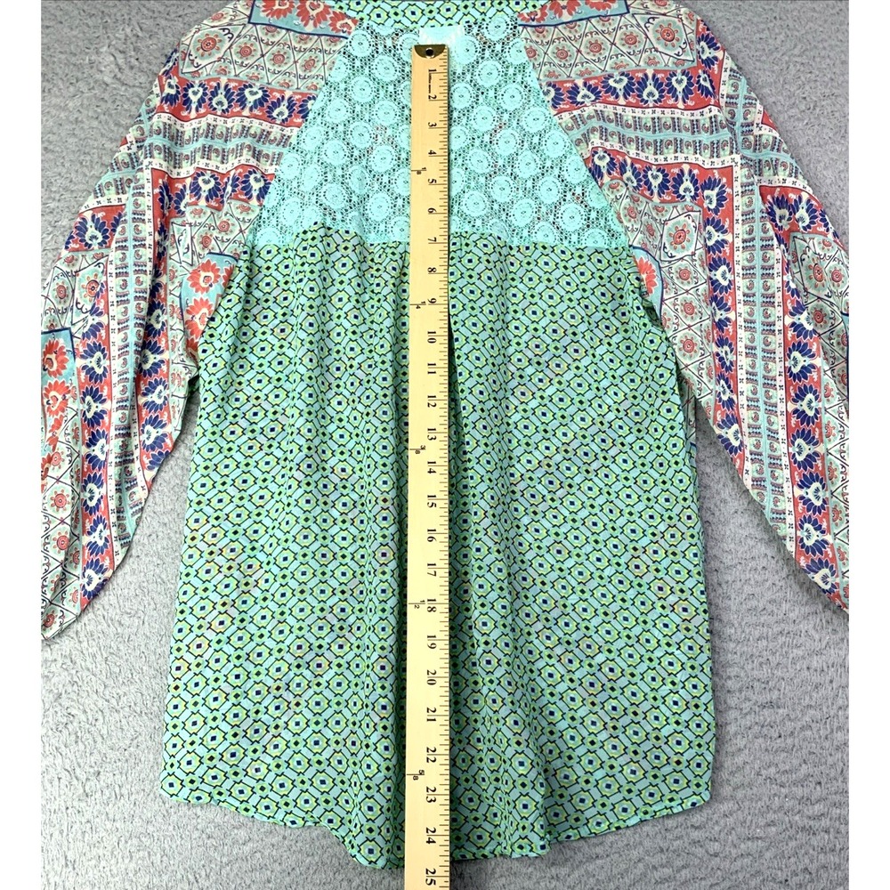 Anthropologie Fig and Flower Blouse Womens Size Medium Teal Multicolor Sheer - Picture 7 of 12